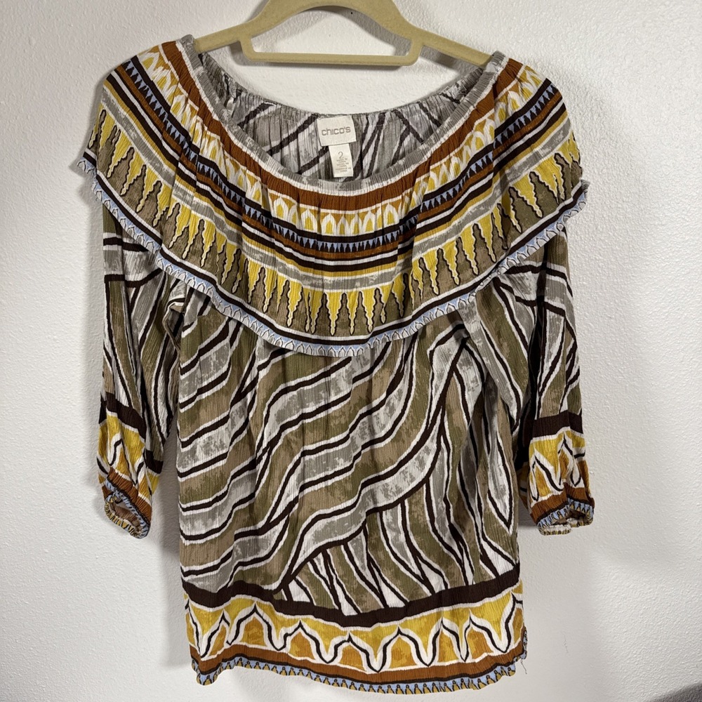 Chico's Sz 2 Aztec Print Boat Neck 3/4 Sleeve Tunic Top Fall‎ Colors A1